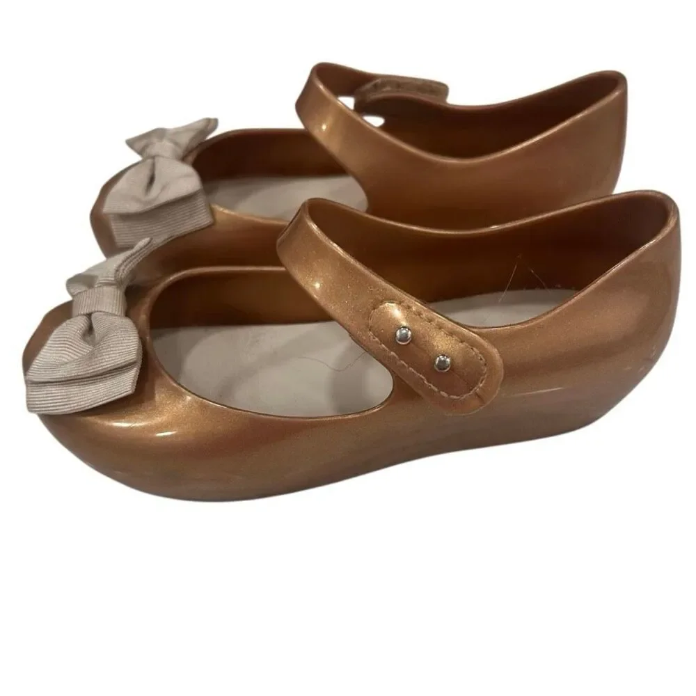 Mini Melissa Ultragirl Sweet Jelly Bow Mary Jane Shoes Girls Sz 11 Metallic Gold
